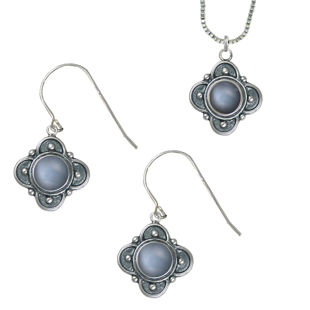 Sterling Silver Necklace Earrings Set Grey Moonstone